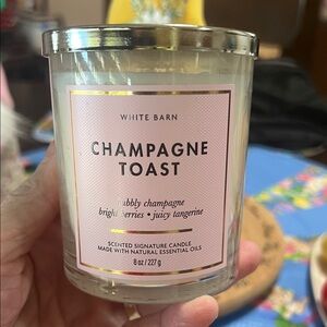 New White Barn Champagne Toast Candle with Pink and Gold Label